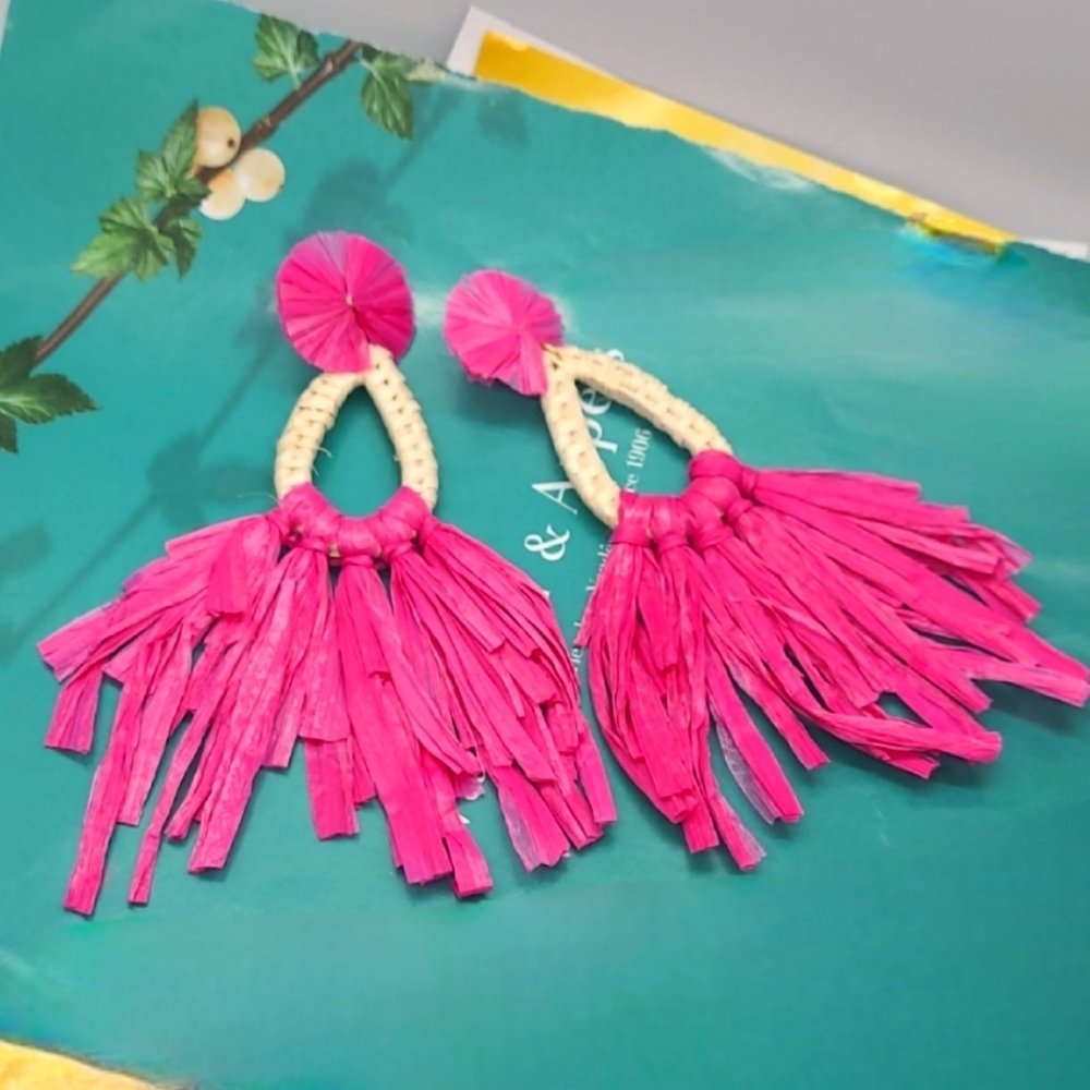 NWT Hot Pink Raffia Large Tassel Oversized Drop Earrings